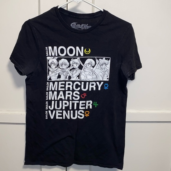 Sailor Moon Tops - Sailor Moon Small Black White Logo Tee Moon Mercury Mars Jupiter Venus